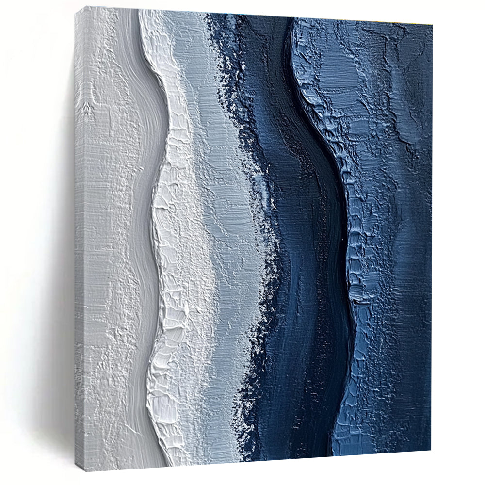 Blue and White Textured Waves Abstract Painting of Oceanic Calm GAB0093