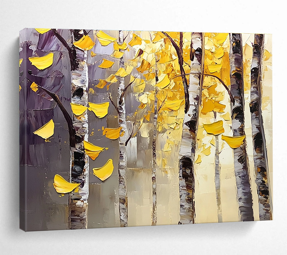 Textured Autumn Birch Trees Painting with Lush Golden Hues ABS565