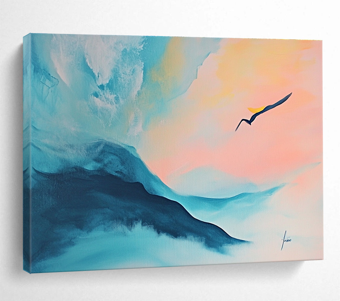 Pastel Mountain - Bird Landscape Art Evoking Ethereal Beauty and Gentle Motion Abstract Painting ABS145