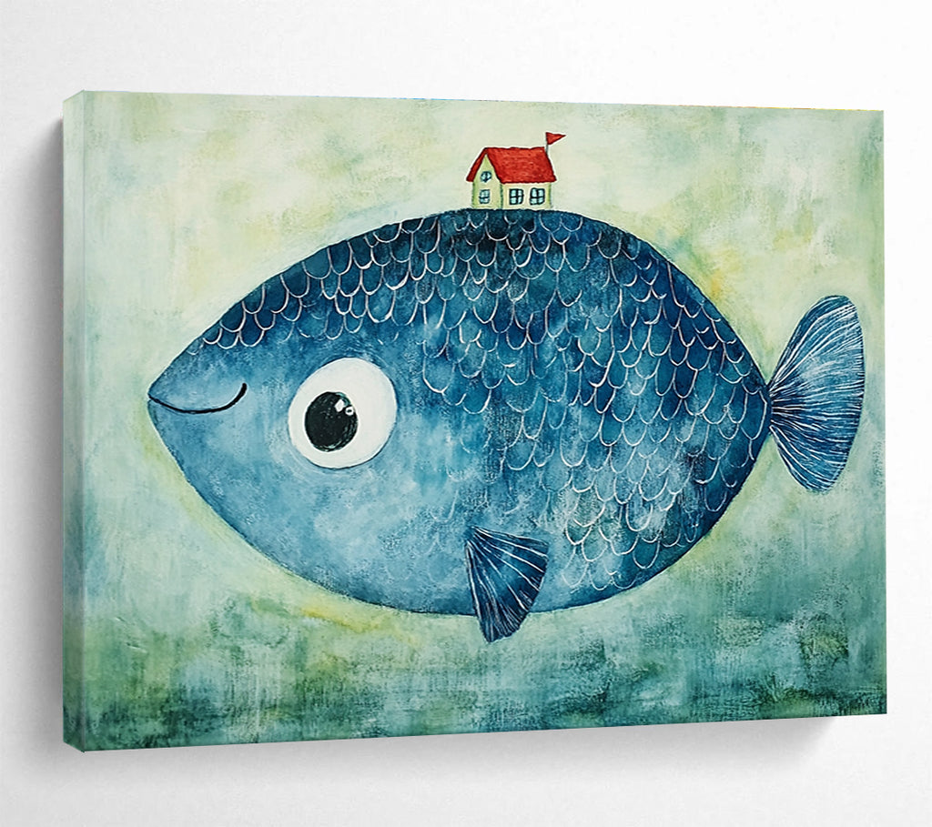 Blue Fish with a House  Whimsical Fantasy ABS069