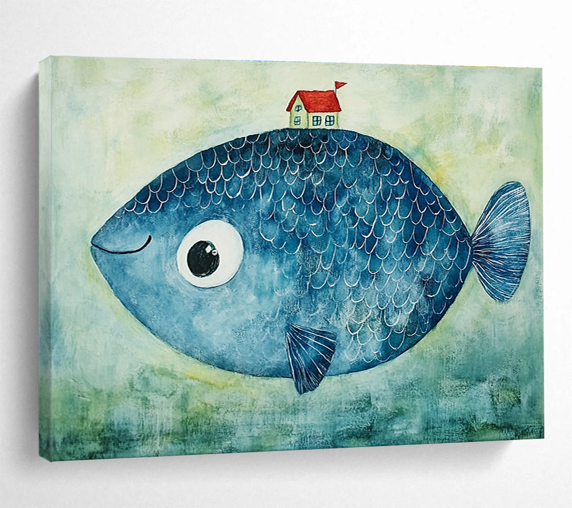 Blue Fish with a House  Whimsical Fantasy ABS069