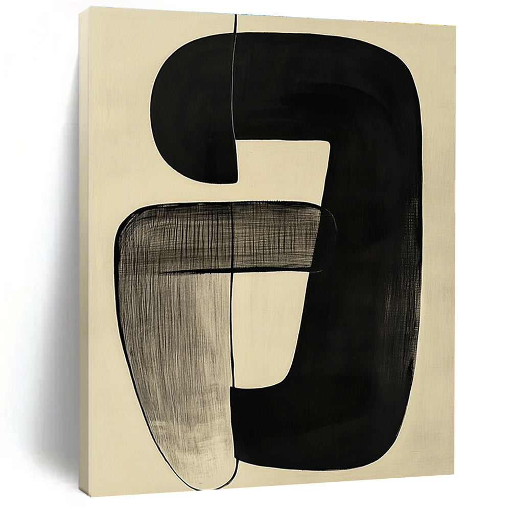 Curved Black Forms on Beige Abstract Painting with Subtle Flow WINK012