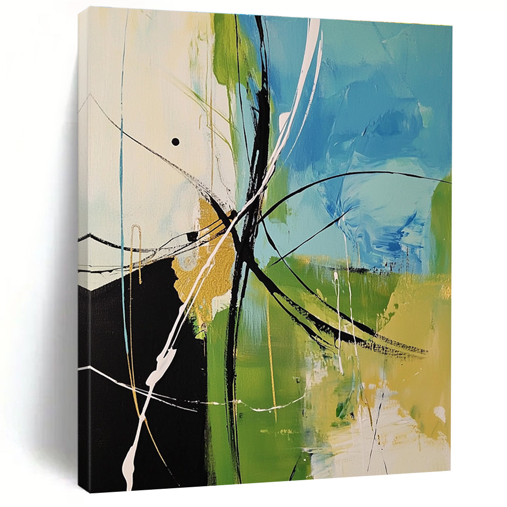 Blue Green Black Abstract Painting with Energetic Lines WINK619