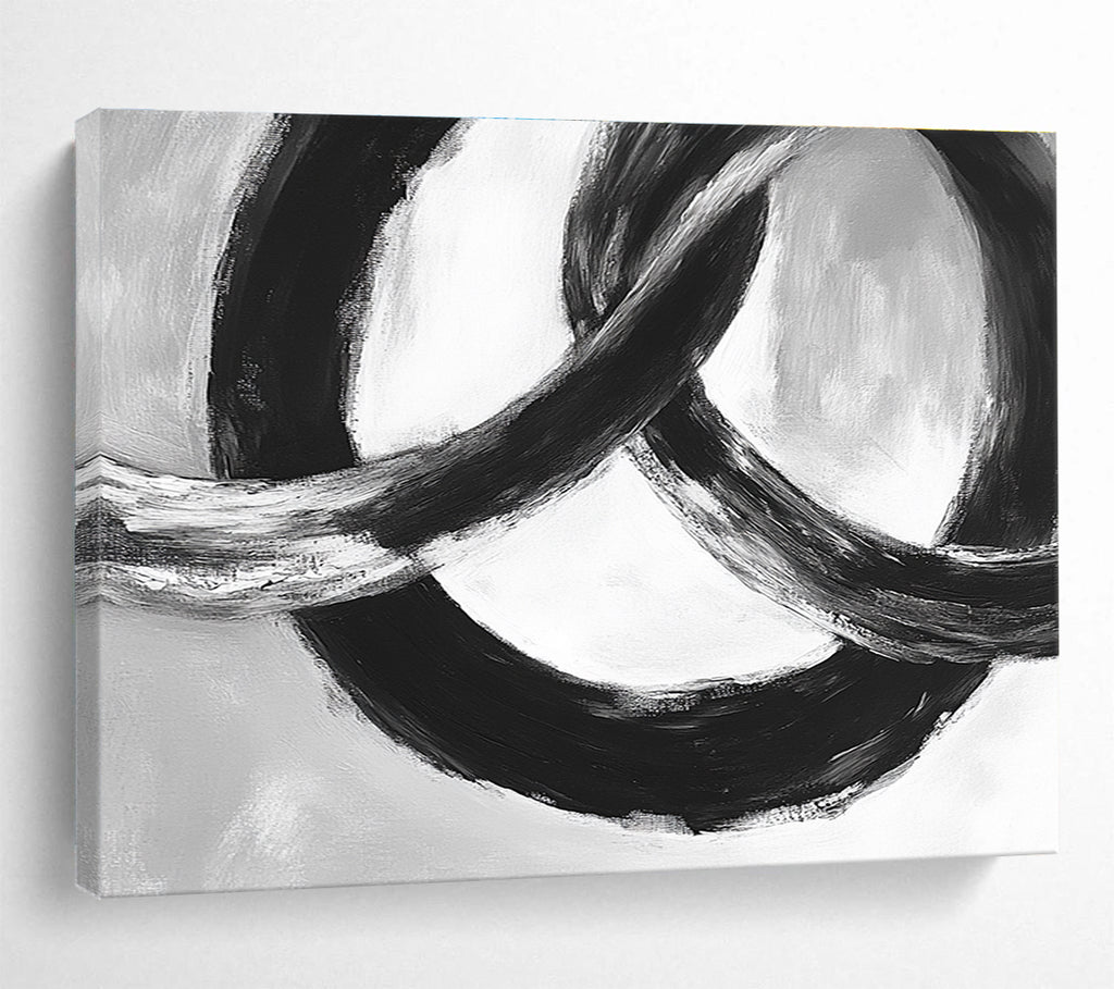 Intertwined Black Rings: Dynamic Movement in Monochrome Abstract Painting ABS175