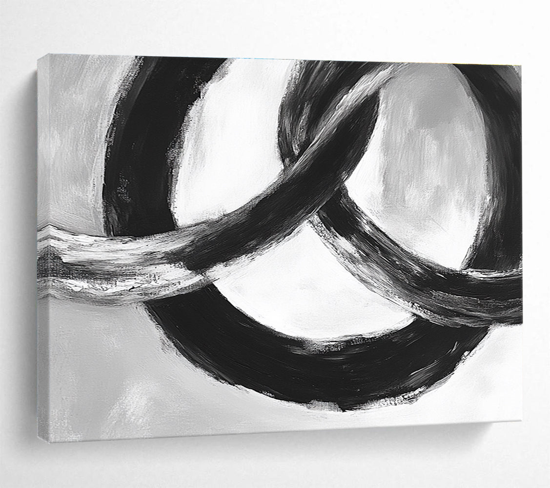 Intertwined Black Rings: Dynamic Movement in Monochrome Abstract Painting ABS175