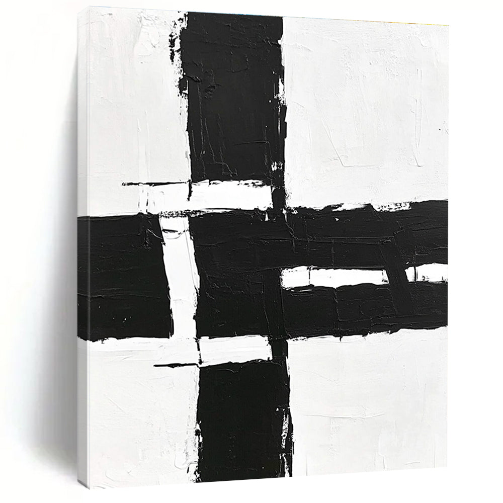 Geometric Black and White Abstract Painting with Structured Clarity WINK348