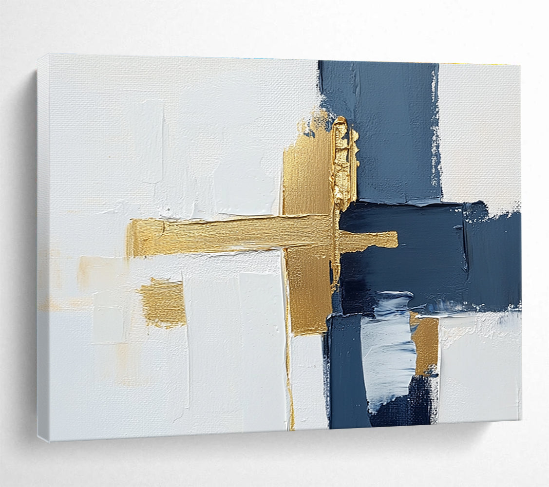 Blue and Gold Cross Abstract Painting with Minimalist Elegance ABS426