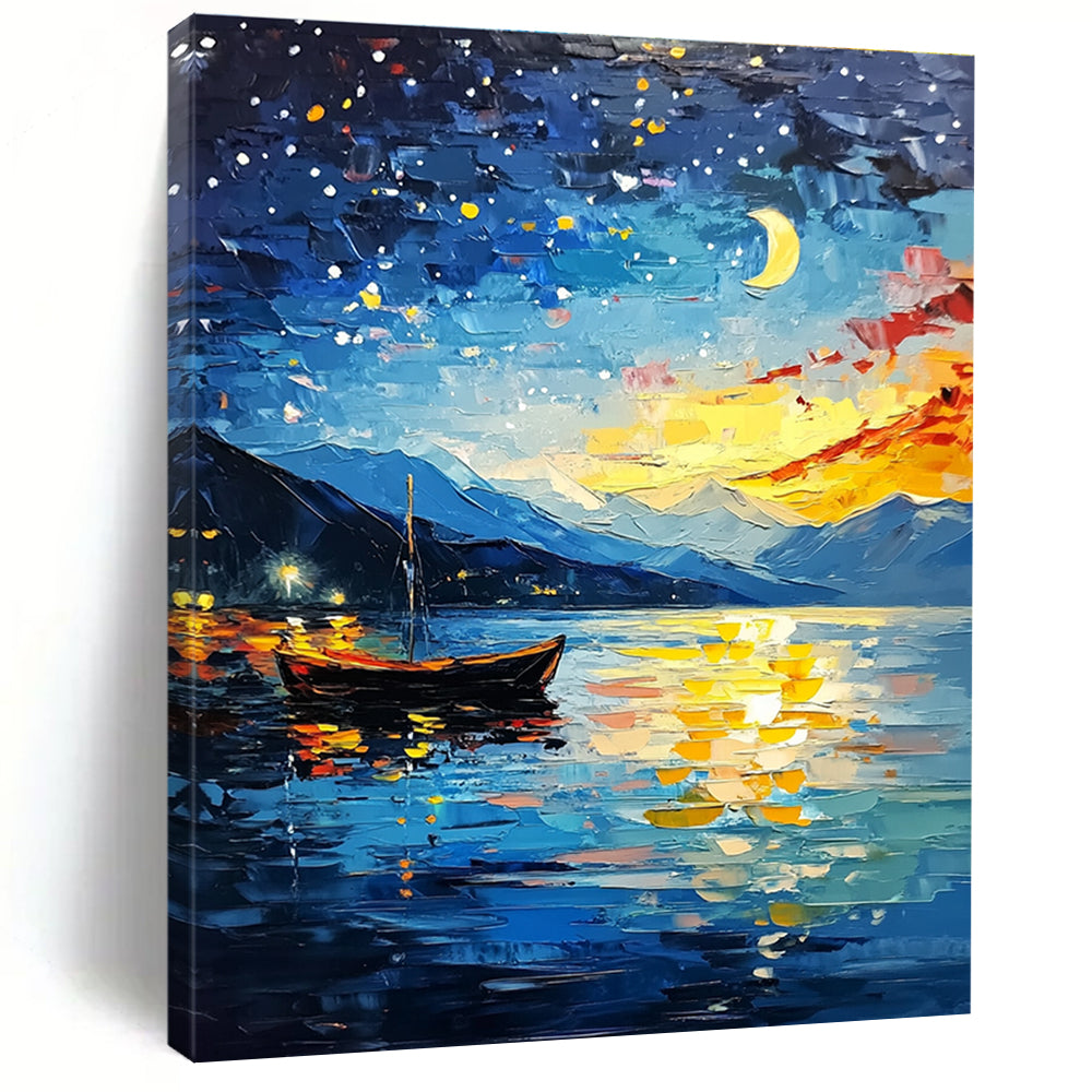 Moonlit Lake with Boat Enchanting Landscape Abstract Painting GAB0283