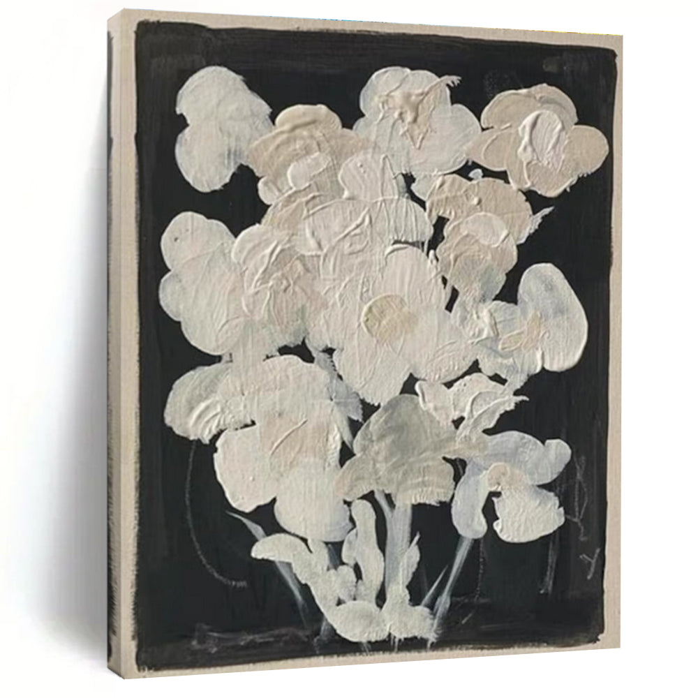 White Flowers on Black Abstract Painting for Elegant Dining Rooms HENG140