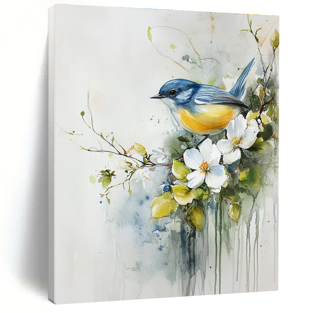Delicate Bird and Flowers Abstract Painting with Watercolor Whimsy GAB0017