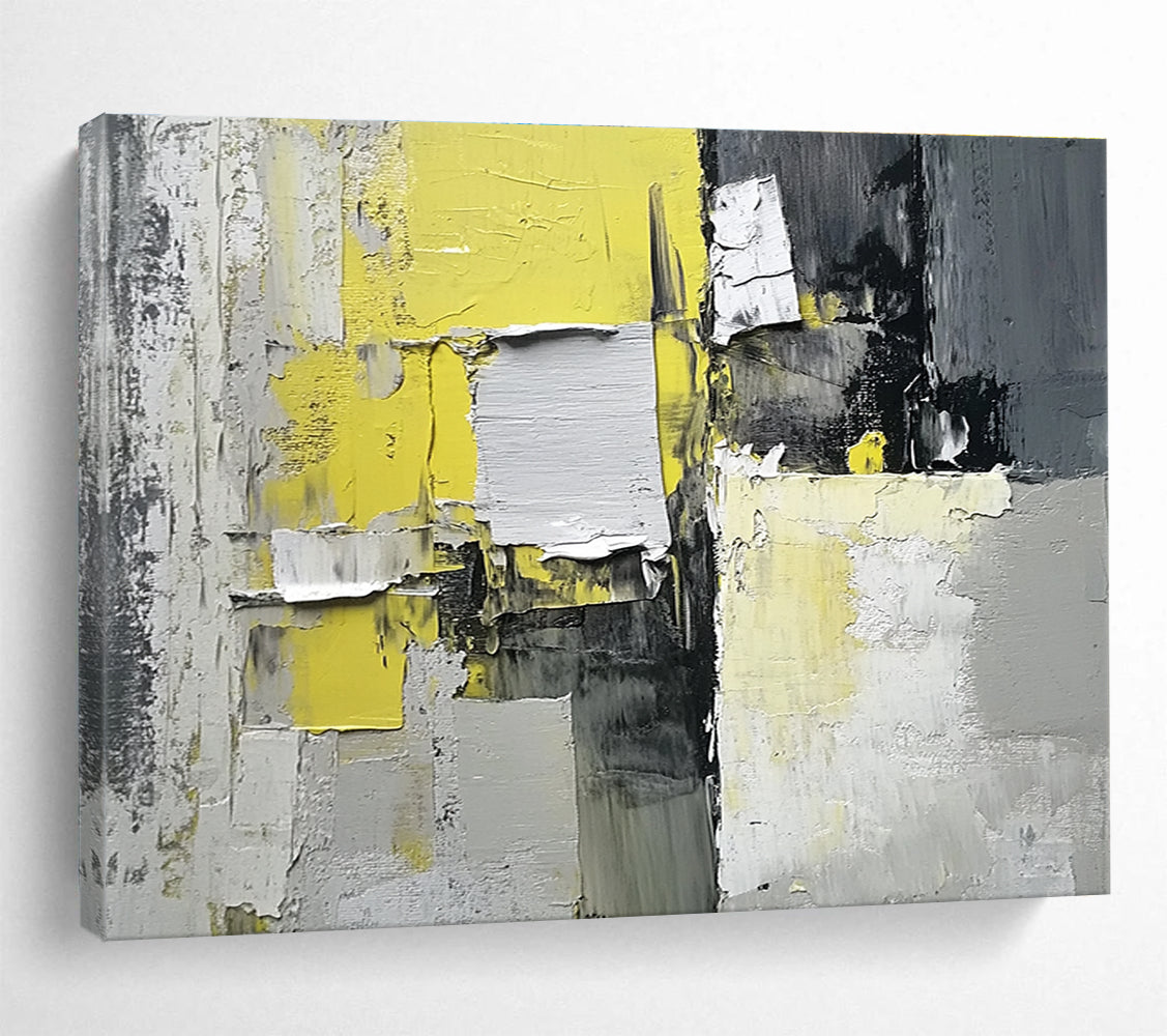 Yellow, Gray and Black Collage Abstract Painting with Textured Layers ABS399
