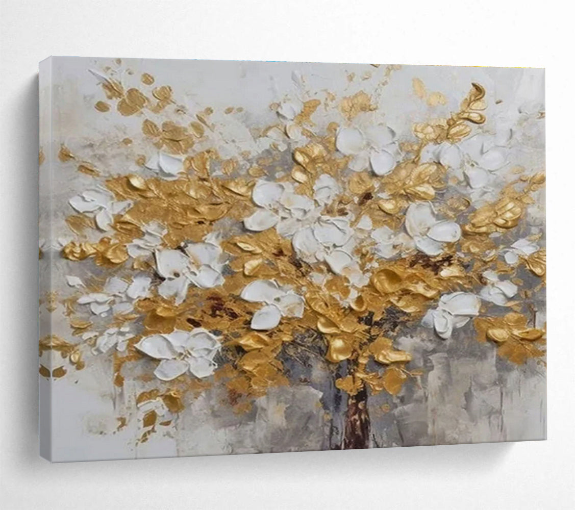 Gold and White Floral Abstract Painting for Luxurious Dining Rooms YHT246