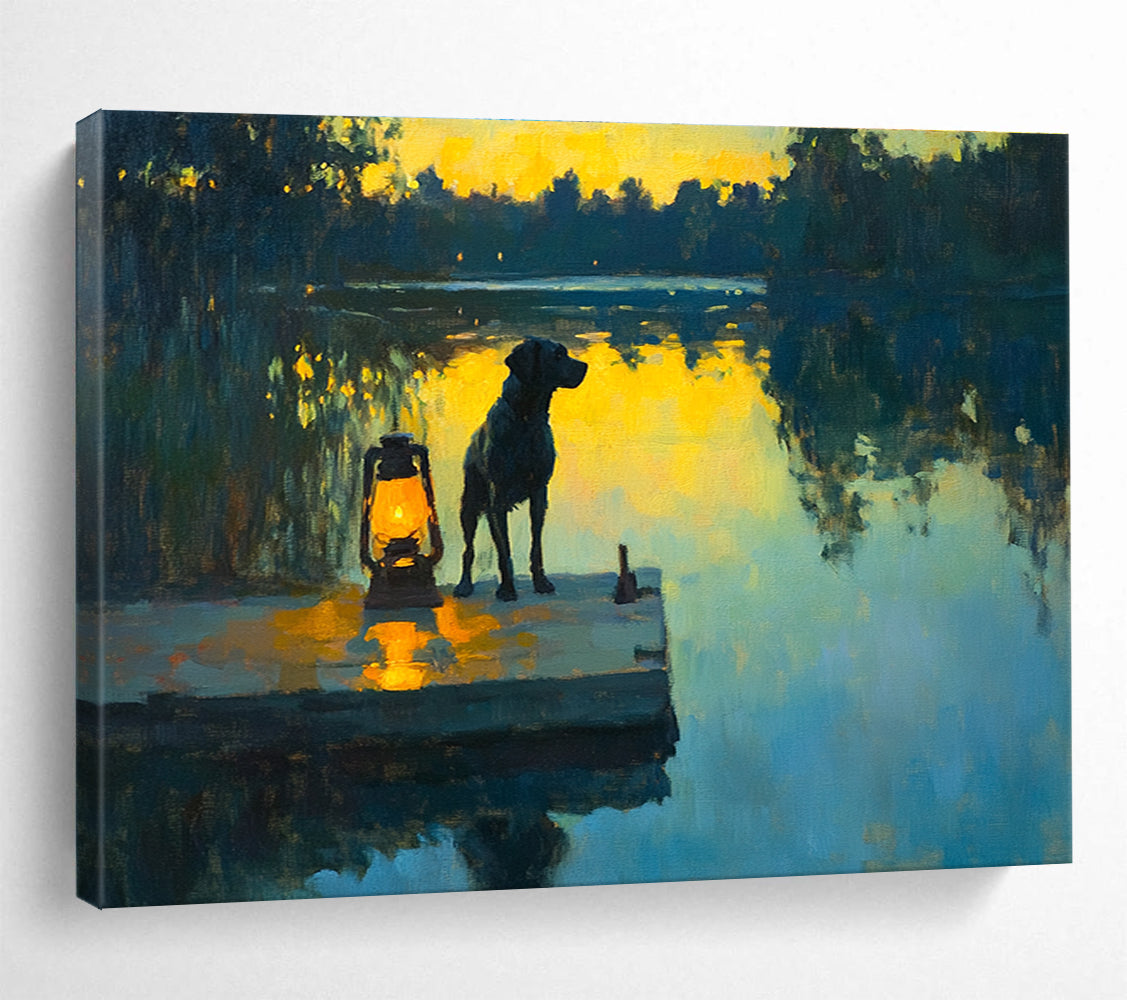 Dog by Lantern on Dock Abstract Painting with Evening Serenity ABS591