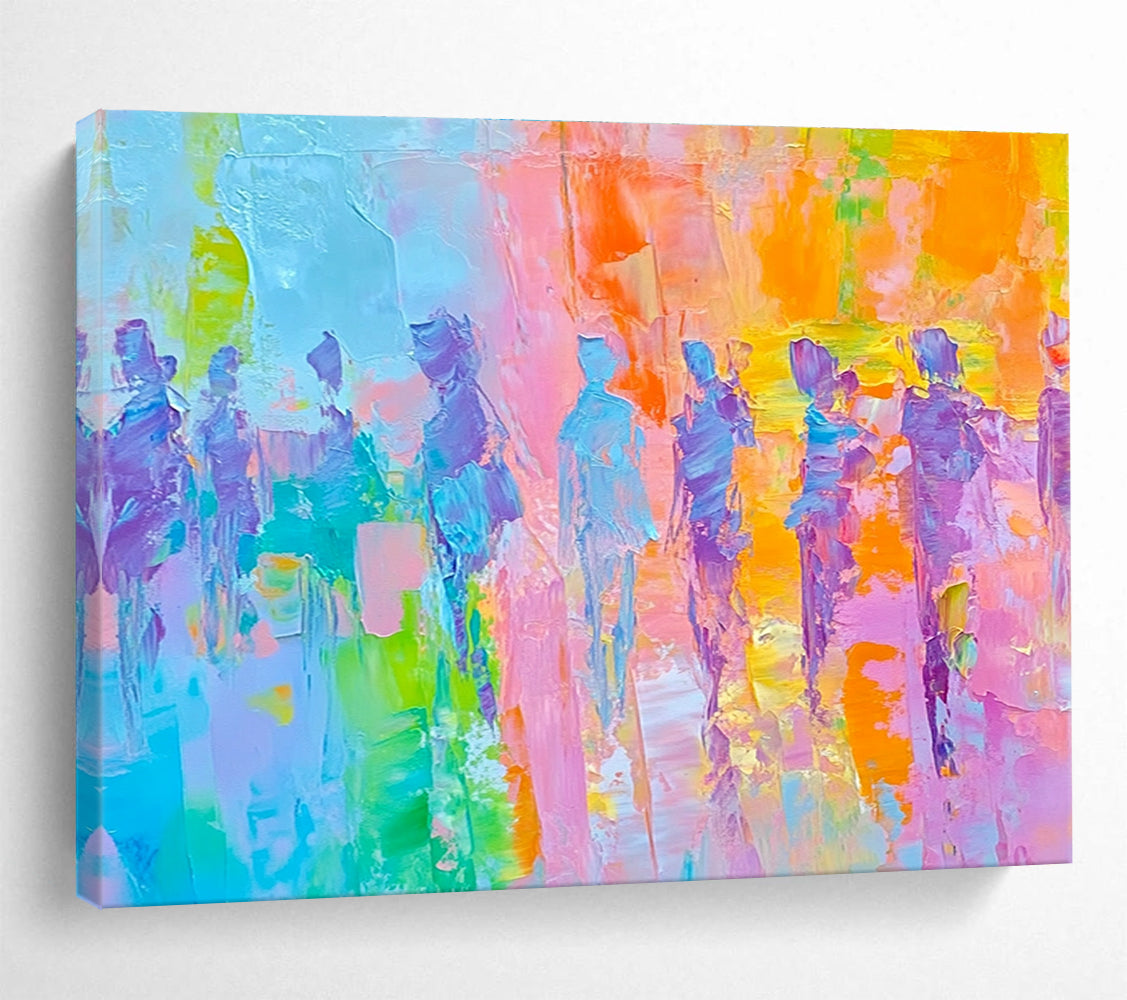 Colorful Figure Procession with Vibrant Palette Abstract Painting ABS318