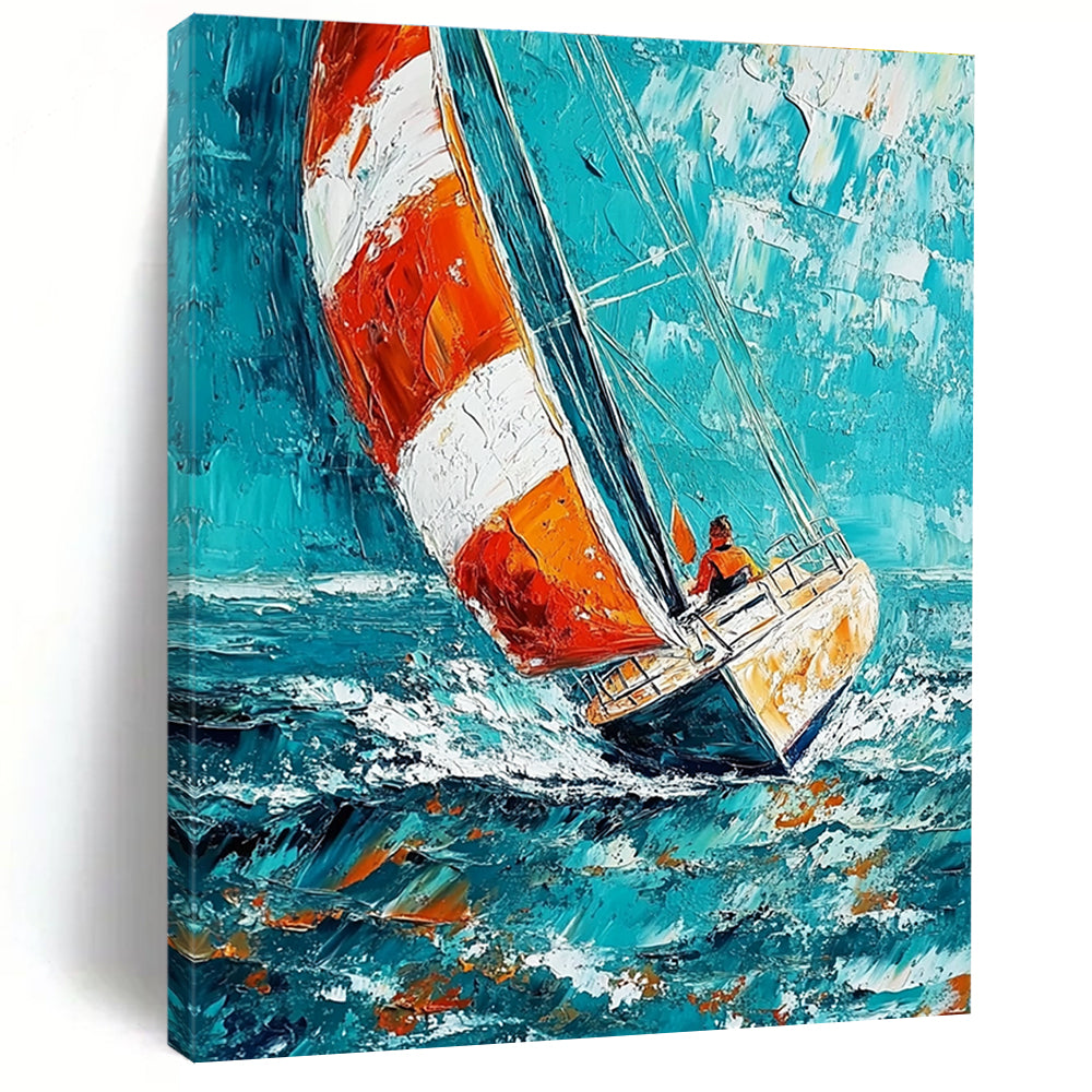 Sailing Boat in Blue Sea Dynamic Abstract Painting for Nautical Enthusiasts GAB1461
