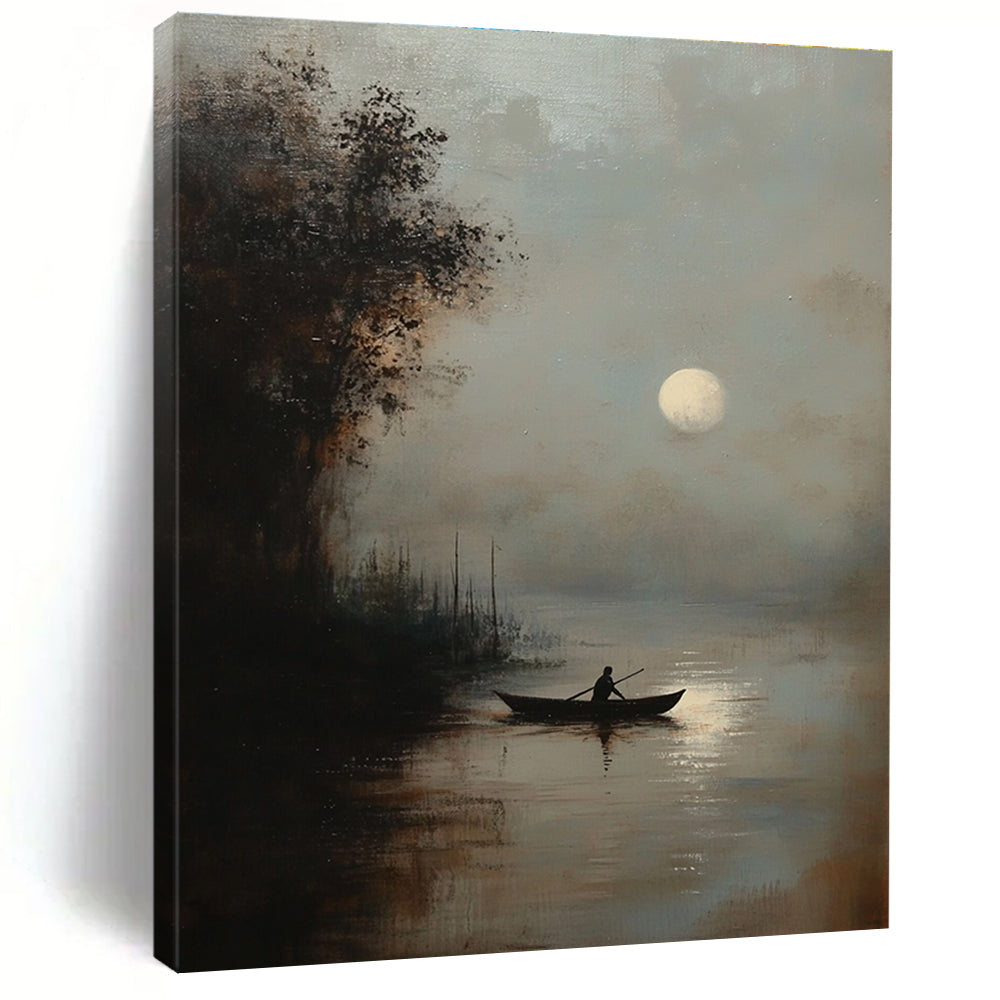 Moonlit Boat Atmospheric Abstract Painting for Rustic - Themed Inns GAB1338