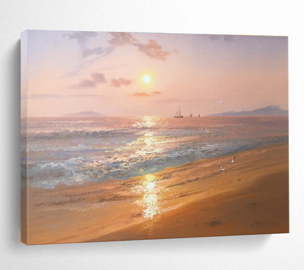 Beach Sunset with Birds and Boats Abstract Painting for Coastal Resort Lobbies YHT271