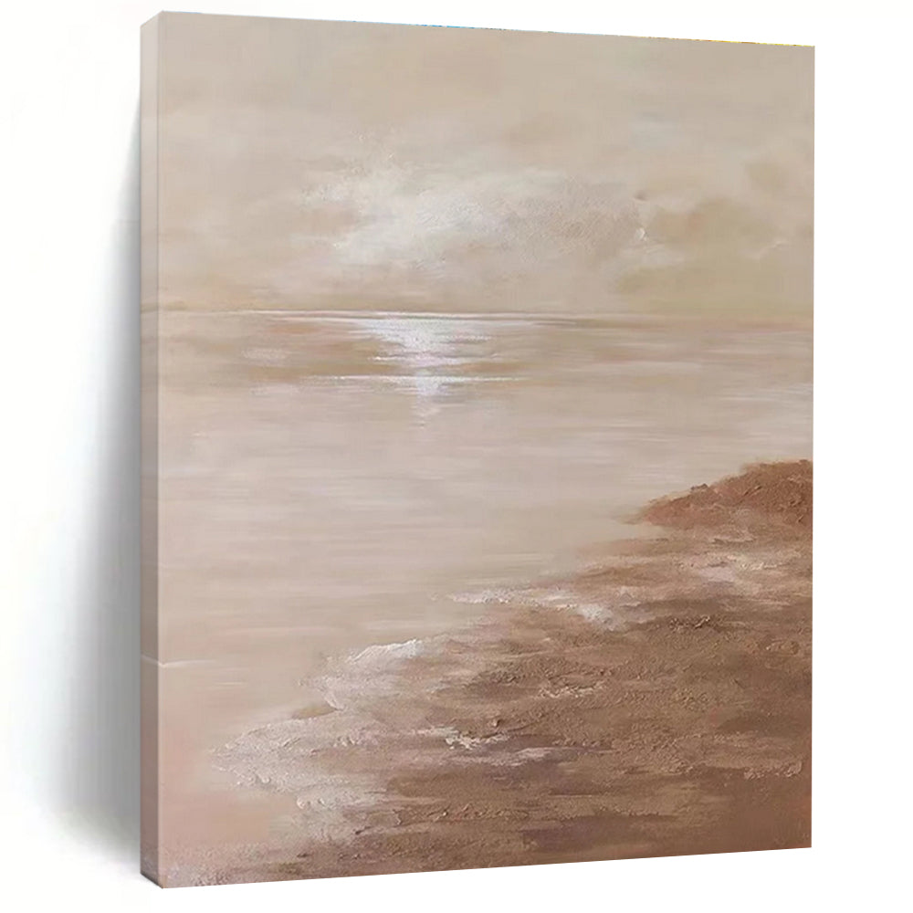 Serene Beige Seaside Landscape Abstract Painting for Coastal - Inspired Bedrooms HENG341
