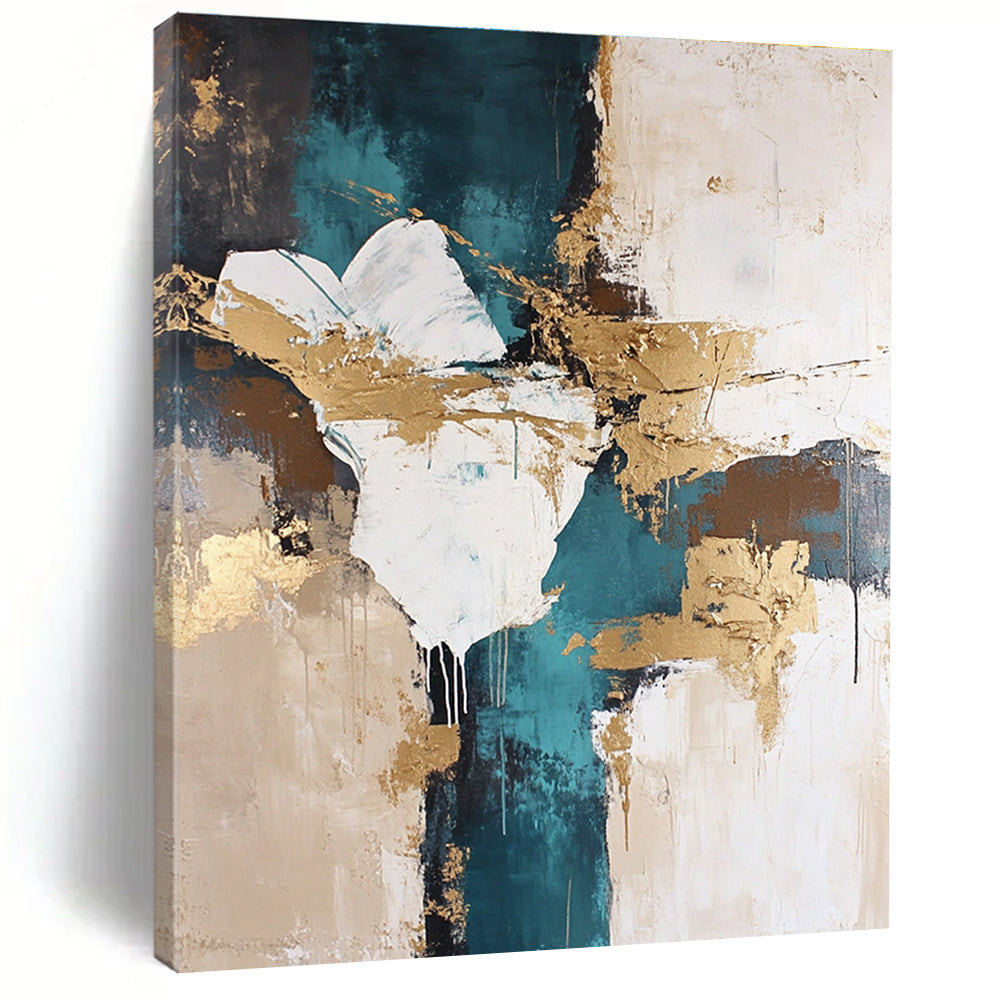 Teal - Gold - White Abstract Painting with Artistic Flair WINK447