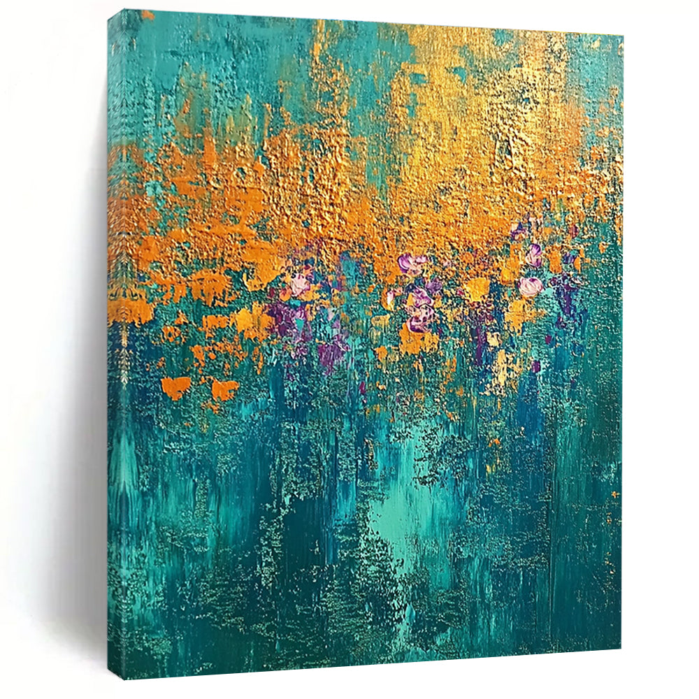 Teal and Gold Floral Abstract Painting with Enchanted Blooms WINK288