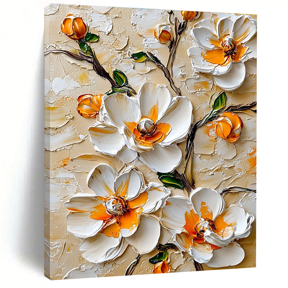 3D White Flowers with Orange Centers Textured Abstract Painting for Elegant Spaces GAB1442