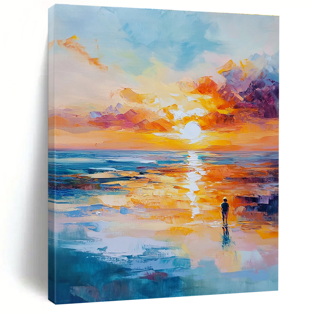 Solitary Figure Sunset Abstract Painting with Emotional Depth GAB0011