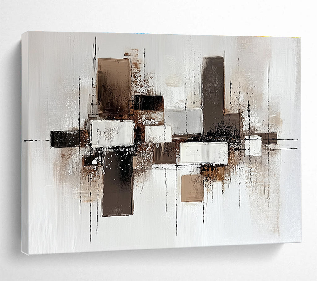 Brown and White Geometric Abstract with Textured Splatters Abstract Painting ABS372