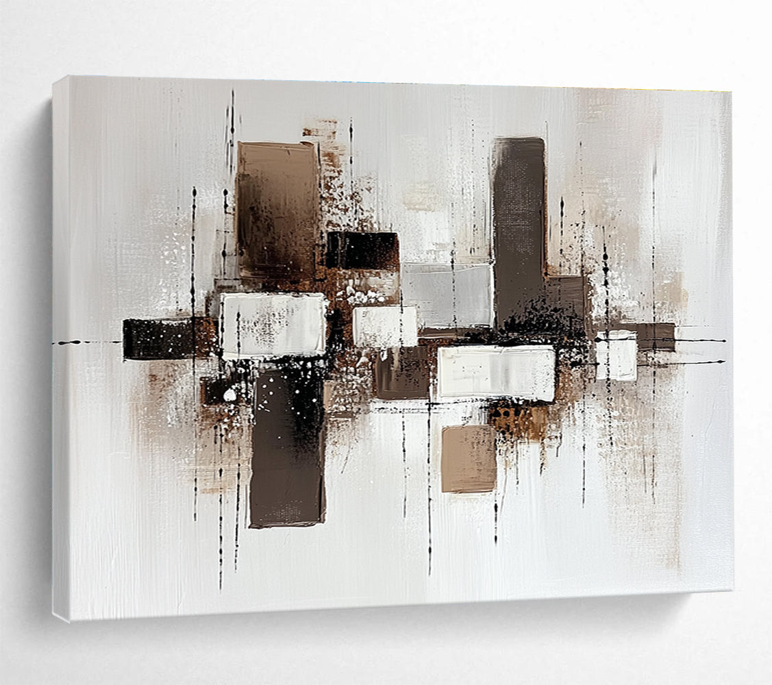 Brown and White Geometric Abstract with Textured Splatters Abstract Painting ABS372
