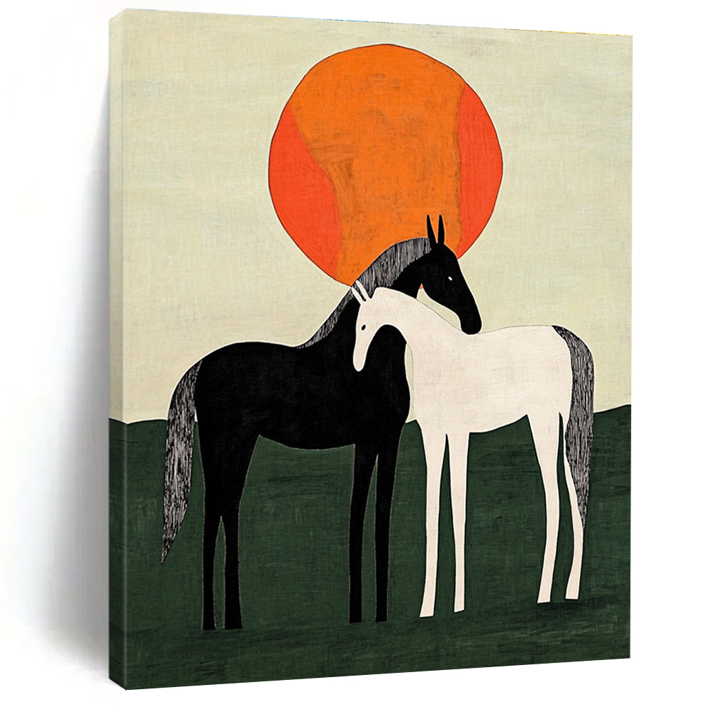 Two Horses Under Orange Sun Abstract Painting for Rustic Home Decor GAB1371