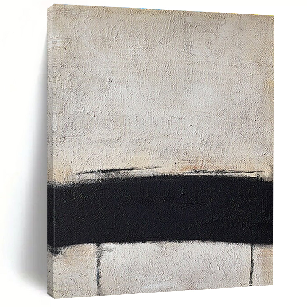 Minimalist Black and White Horizontal Line Abstract Painting for Monochrome Bedrooms HENG353