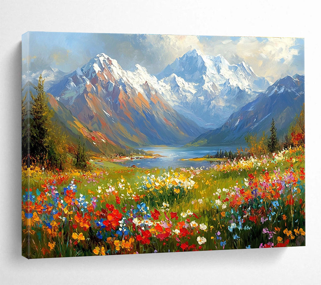 Colorful Mountain Lake Meadow Painting with Vibrant Natural Beauty ABS577