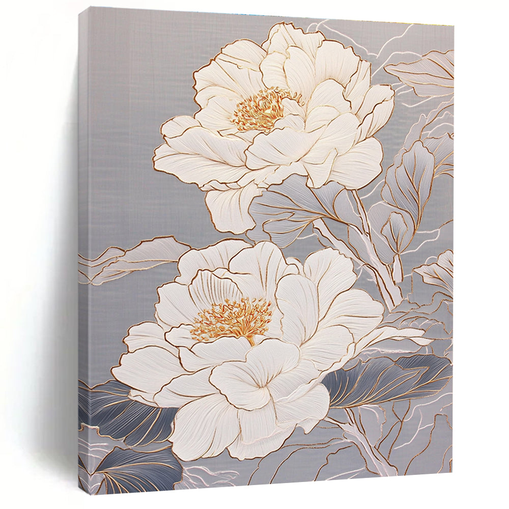 White Peonies with Gold Elegant Abstract Painting for Luxury Spaces GAB1478