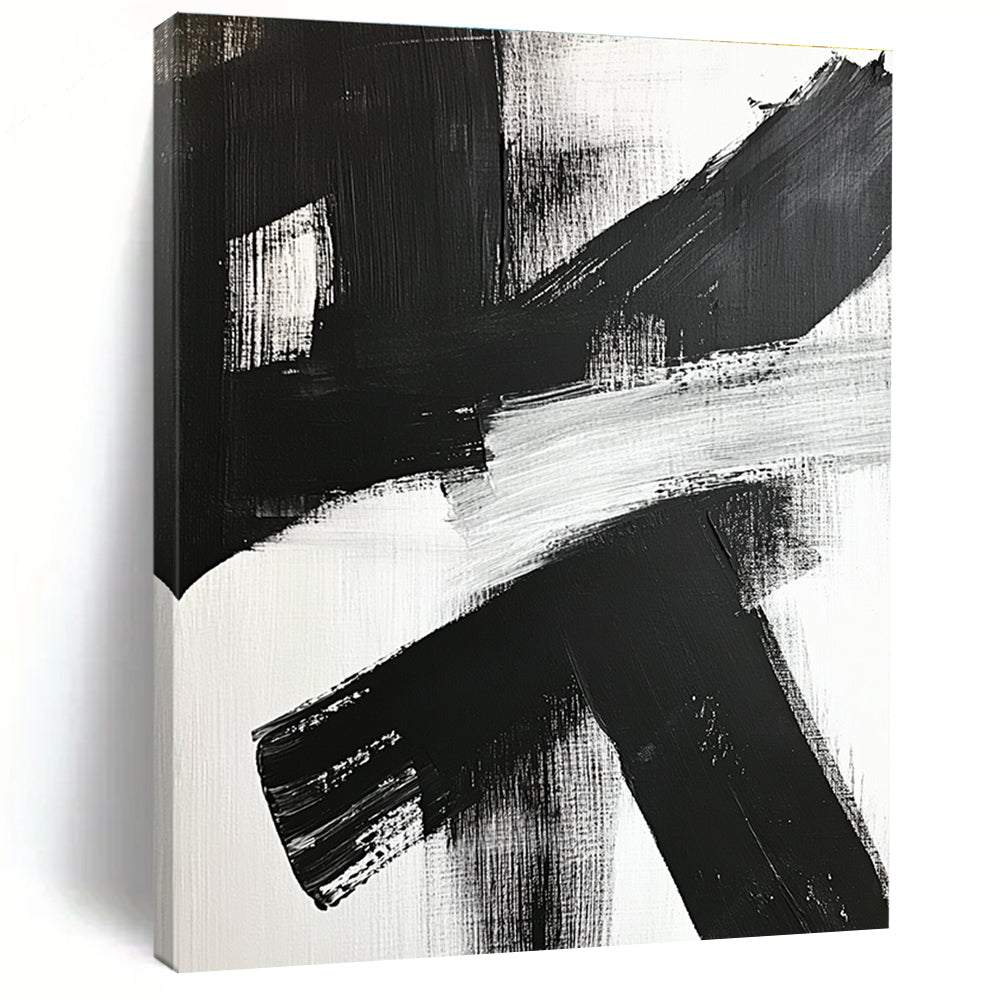 Cross - Shaped Black - White Abstract Painting with Raw Impact WINK359