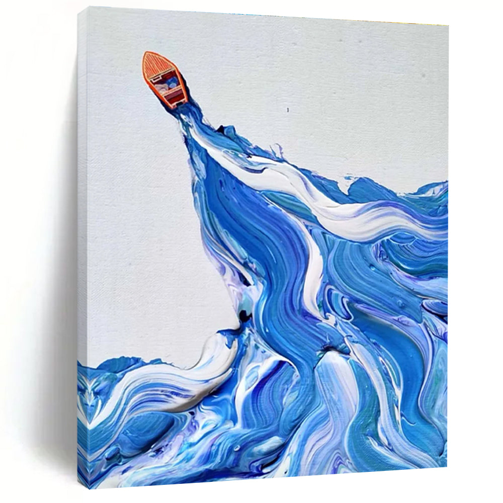 Small Boat on Textured Waves Abstract Painting for Nautical - Themed Interiors HENG321