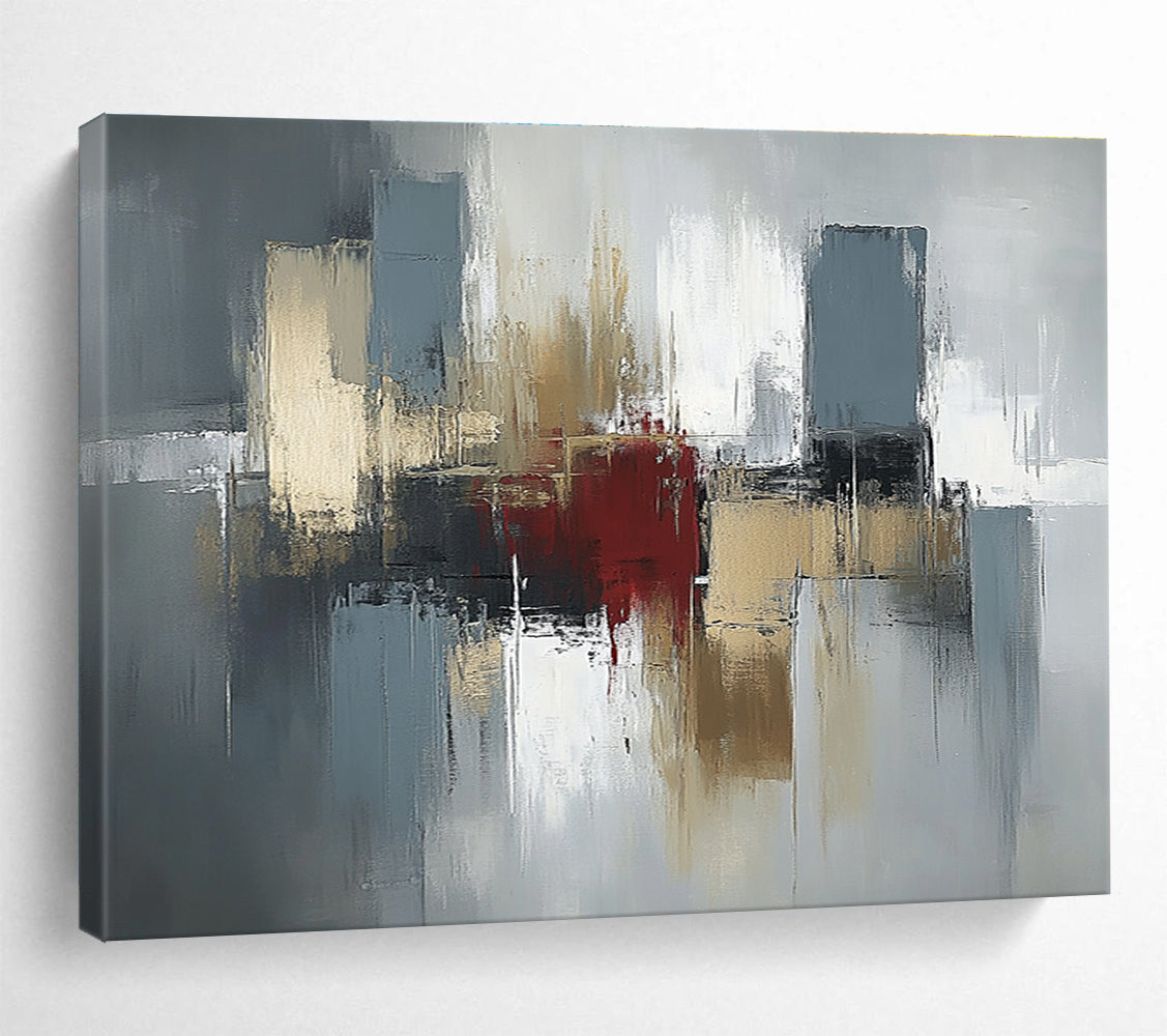 Gray, Gold and Red Abstract Cityscape Painting with Urban Energy ABS403