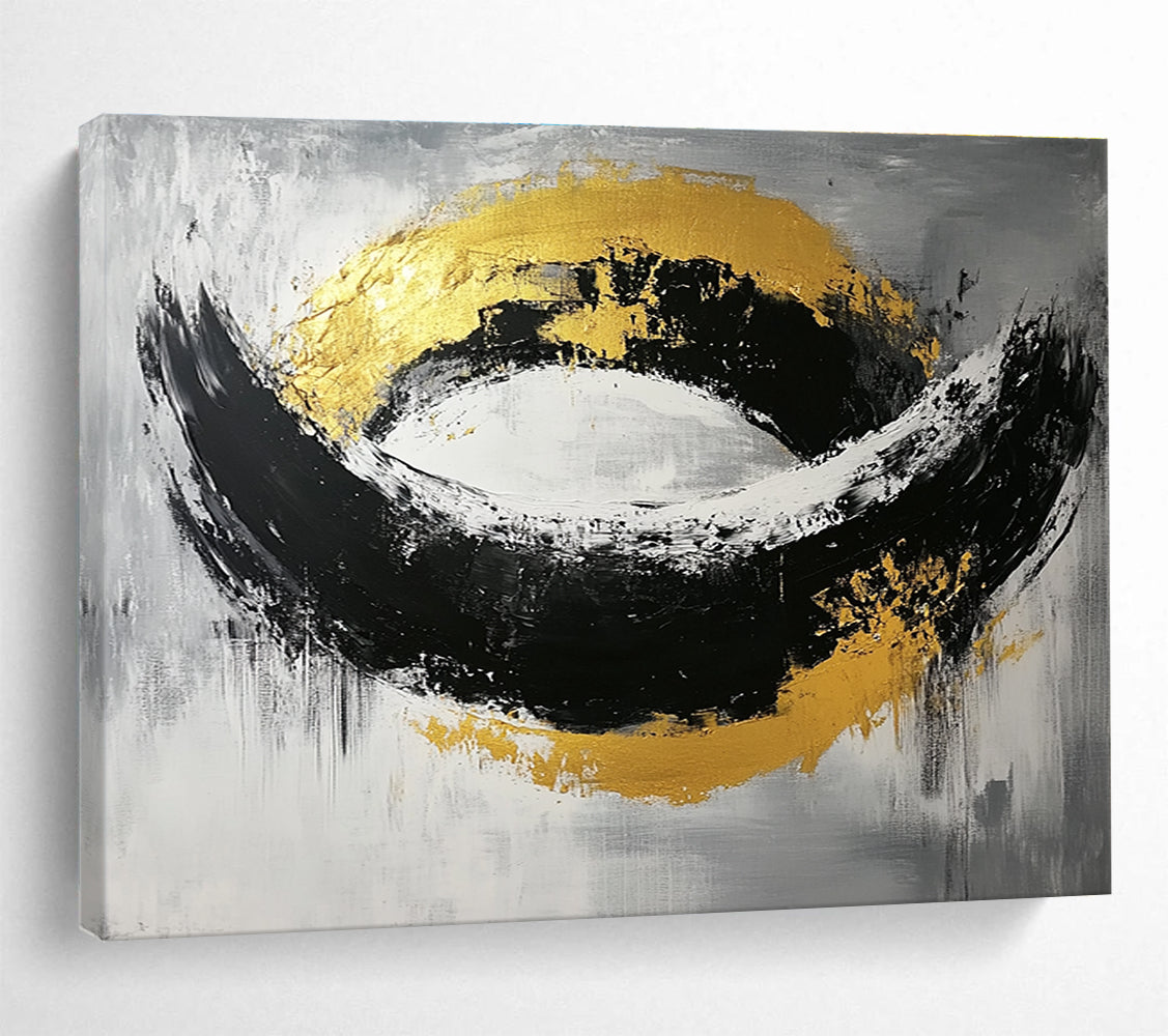 Black, White, and Gold Abstract Painting with Bold Shapes ABS296