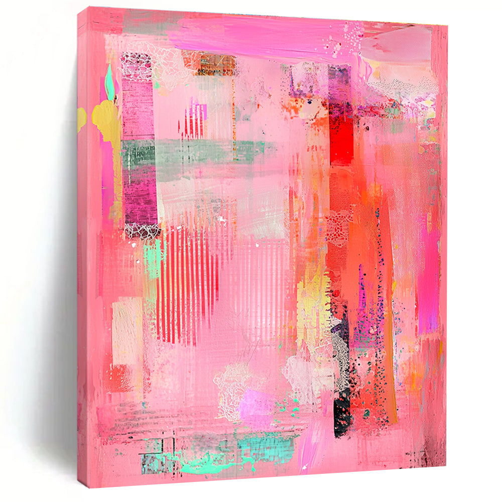 Intricate Pink Collage Abstract Painting with Whimsical Detail WINK255