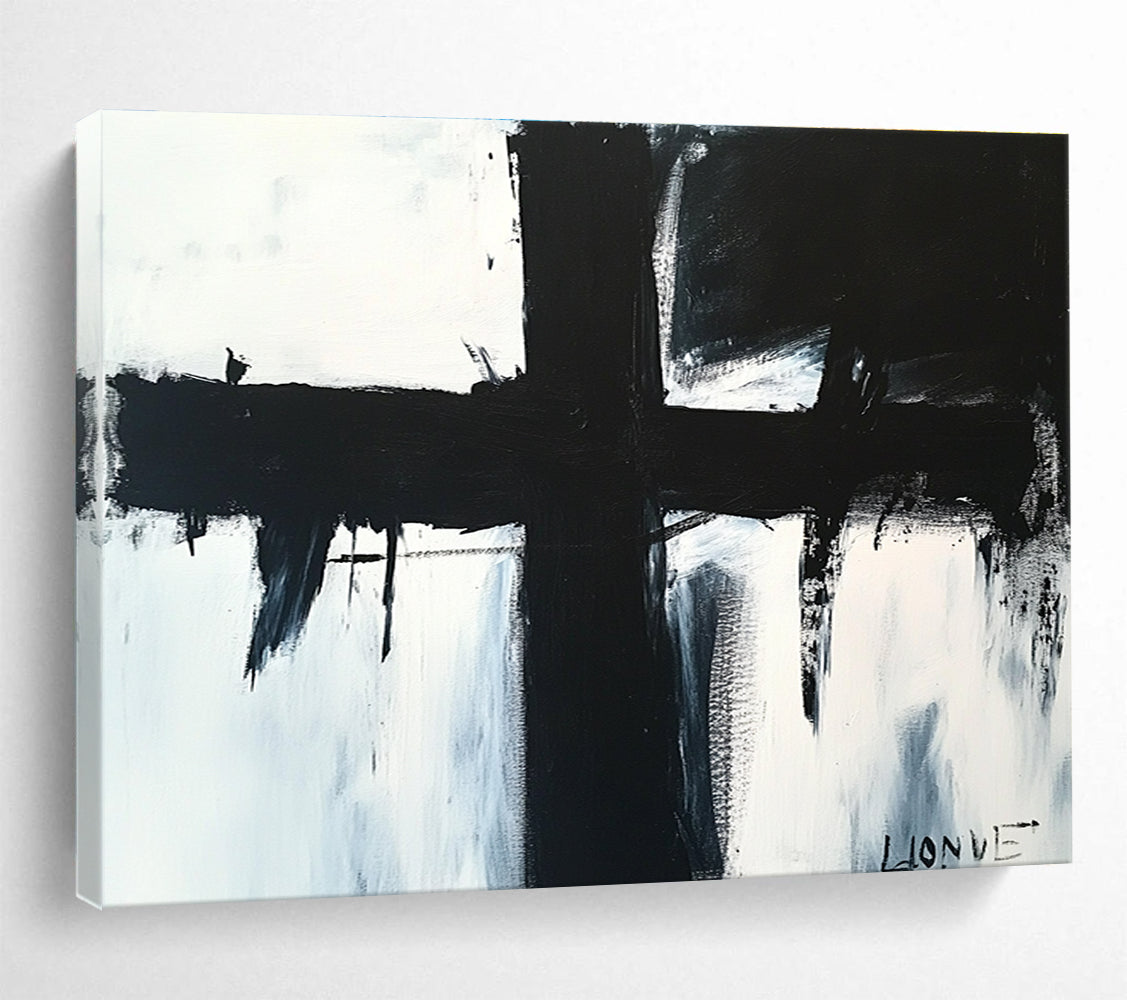 Bold Black Cross: Stark Contrast and Dramatic Impact Abstract Painting ABS179