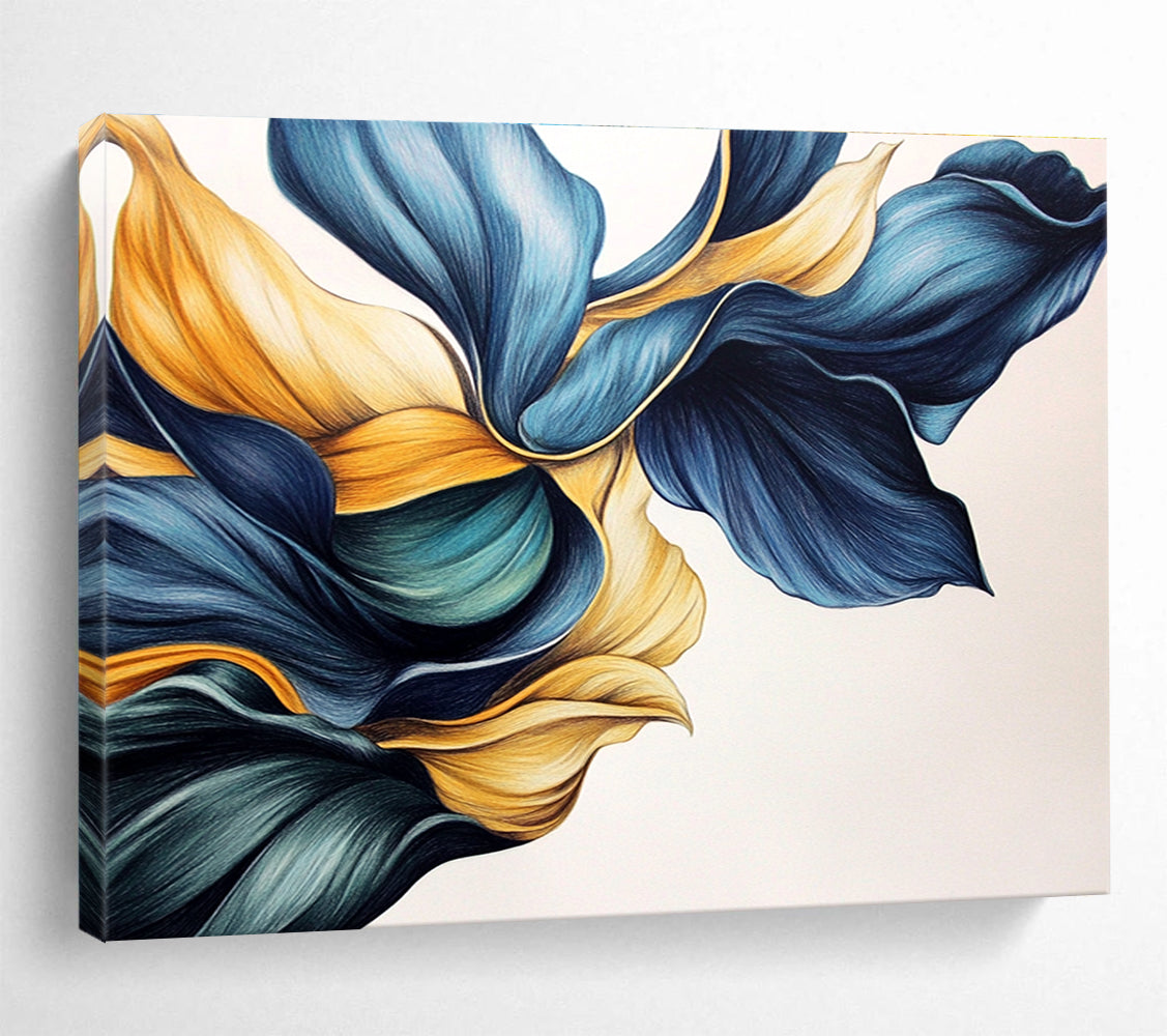 Blue and Gold Floral Shapes Abstract Painting with Elegant Fluidity ABS579