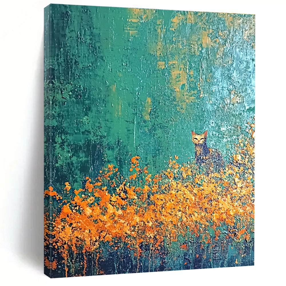 Cat in the Flower Field Enchanted Landscape Abstract Painting GAB0261
