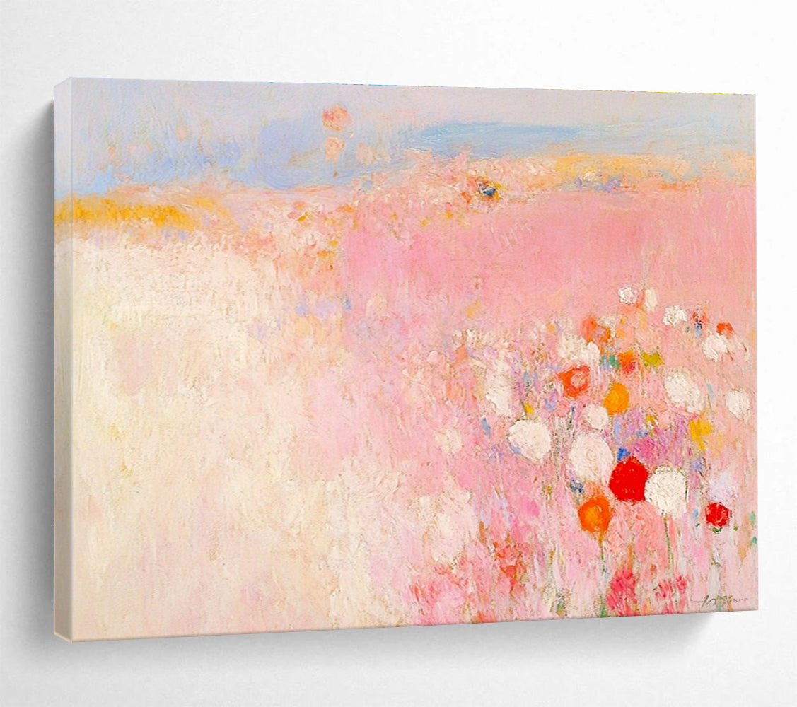 Pink Field Abstract Painting with Soft, Romantic Blossoms ABS508