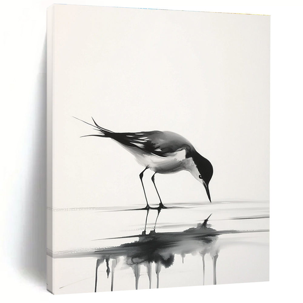 Graceful Bird Reflection Abstract Painting in Ink Wash Style GAB0023