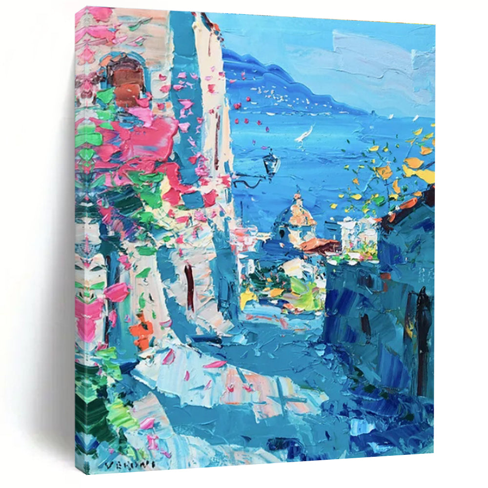 Coastal Town with Flowers Abstract Painting for Mediterranean - Style Cafes HENG530