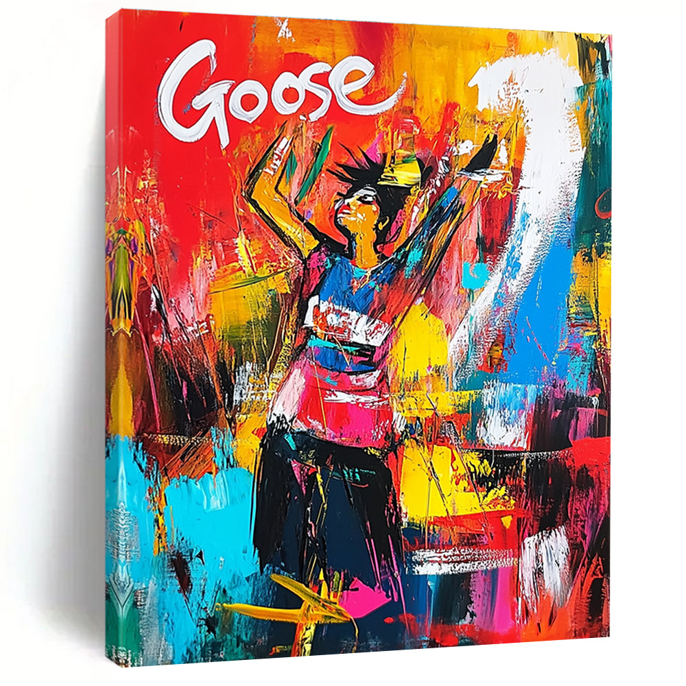 Colorful Figure with Goose Text Abstract Painting for Vibrant Event Spaces GAB1170