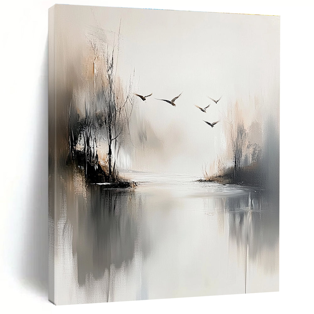 Misty Landscape with Birds Abstract Painting for Serene Meditation Spaces GAB0814
