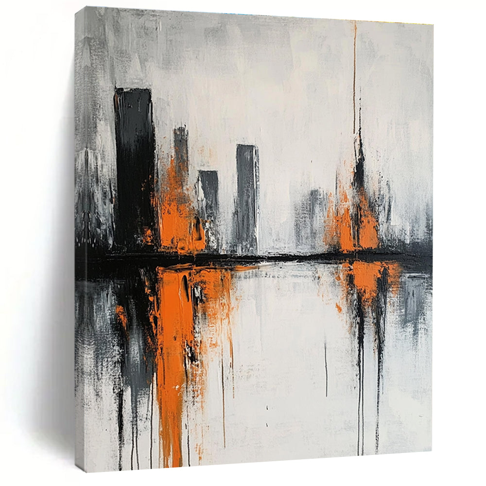 Abstract City Reflection Painting in Gray and Orange GAB0664