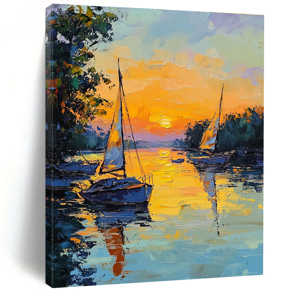 Sunset Sailboats on River Impressionistic Abstract Painting for Relaxing Spaces GAB1463