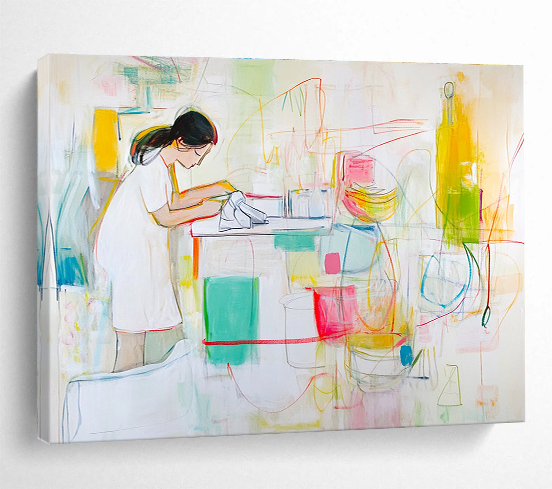 Woman at Work in Colorful Kitchen with Expressive Lines Abstract Painting ABS325