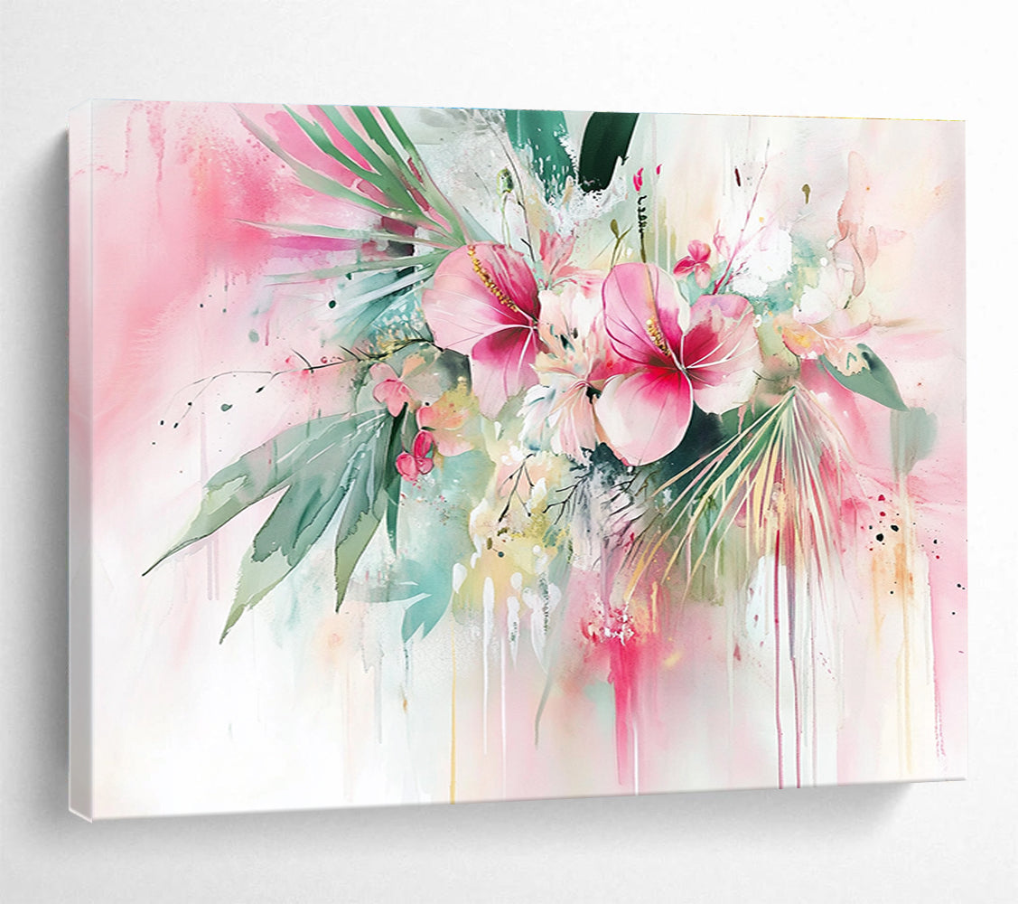 Pink Floral Watercolor Abstract Painting with Lively, Dripping Blooms ABS449