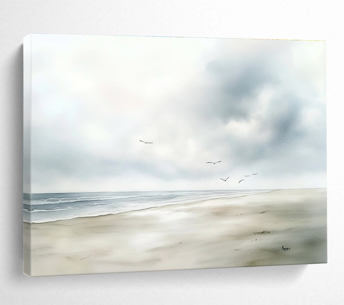 Seaside with Flying Birds Abstract Painting with Tranquil Serenity ABS613